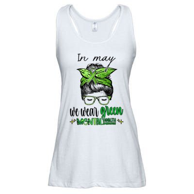 In May We Wear Green Mental Health Awareness Month Messy Bun Ladies Essential Flowy Tank