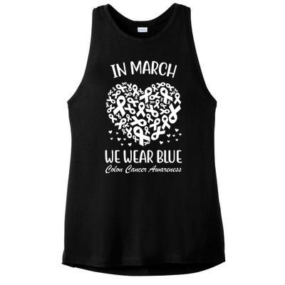 In March We Wear Blue Colon Cancer Awareness Ribbon Heart Ladies PosiCharge Tri-Blend Wicking Tank