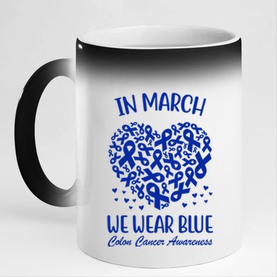 In March We Wear Blue Colon Cancer Awareness Ribbon Heart 11oz Black Color Changing Mug