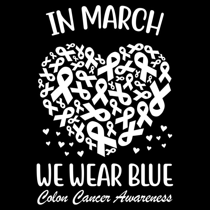 In March We Wear Blue Colon Cancer Awareness Ribbon Heart Drawstring Bag