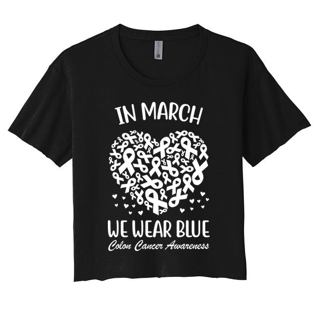 In March We Wear Blue Colon Cancer Awareness Ribbon Heart Crop Top