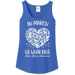 In March We Wear Blue Colon Cancer Awareness Ribbon Heart Ladies Essential Tank