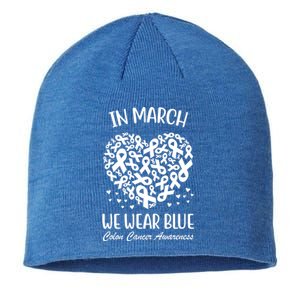 In March We Wear Blue Colon Cancer Awareness Ribbon Heart Sustainable Beanie