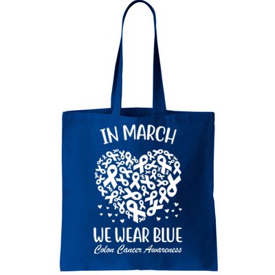 In March We Wear Blue Colon Cancer Awareness Ribbon Heart Tote Bag