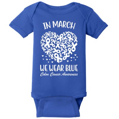 In March We Wear Blue Colon Cancer Awareness Ribbon Heart Baby Bodysuit