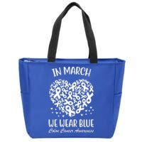 In March We Wear Blue Colon Cancer Awareness Ribbon Heart Zip Tote Bag