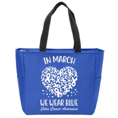 In March We Wear Blue Colon Cancer Awareness Ribbon Heart Zip Tote Bag