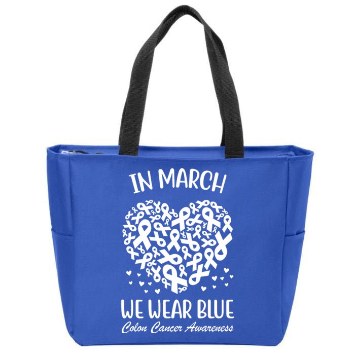 In March We Wear Blue Colon Cancer Awareness Ribbon Heart Zip Tote Bag