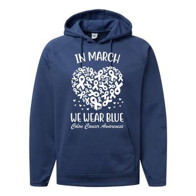 In March We Wear Blue Colon Cancer Awareness Ribbon Heart Performance Fleece Hoodie