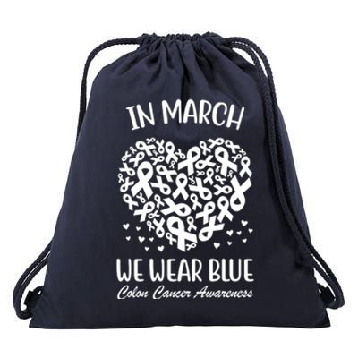 In March We Wear Blue Colon Cancer Awareness Ribbon Heart Drawstring Bag