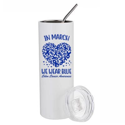 In March We Wear Blue Colon Cancer Awareness Ribbon Heart Stainless Steel Tumbler