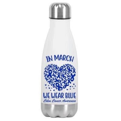 In March We Wear Blue Colon Cancer Awareness Ribbon Heart Stainless Steel Insulated Water Bottle