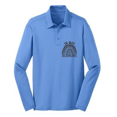 In May We Wear Gray Brain Cancer Awareness Month Rainbow Silk Touch Performance Long Sleeve Polo