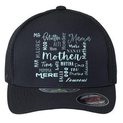 International Mom World Translations Multi Languages Blue Gift Flexfit Unipanel Trucker Cap