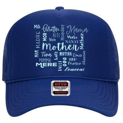 International Mom World Translations Multi Languages Blue Gift High Crown Mesh Back Trucker Hat