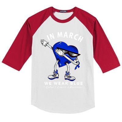 In March We Wear Blue Dabbing Heart Colon Cancer Awareness Great Gift Kids Colorblock Raglan Jersey