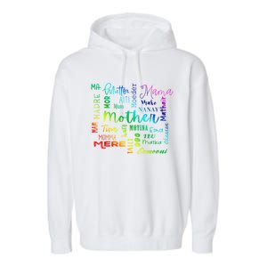 International Mom World Translations Multi Languages White Funny Gift Garment-Dyed Fleece Hoodie