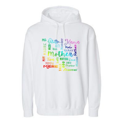 International Mom World Translations Multi Languages White Funny Gift Garment-Dyed Fleece Hoodie