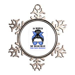 In March We Wear Blue For Colon Cancer Awareness Messy Bun Gift Metallic Star Ornament