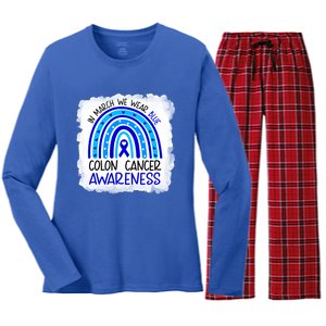 In March We Wear Blue For Colon Cancer Awareness Rainbow Gift Women's Long Sleeve Flannel Pajama Set 