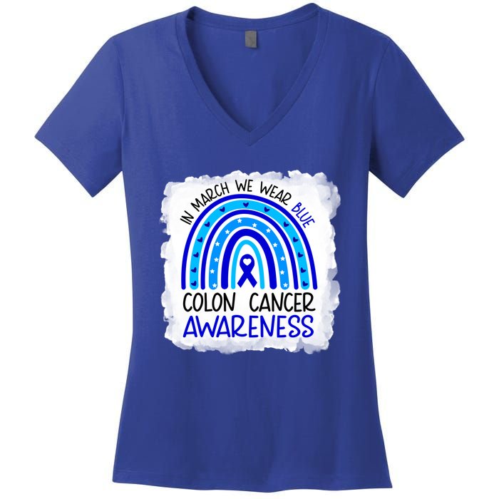 In March We Wear Blue For Colon Cancer Awareness Rainbow Gift Women's V-Neck T-Shirt