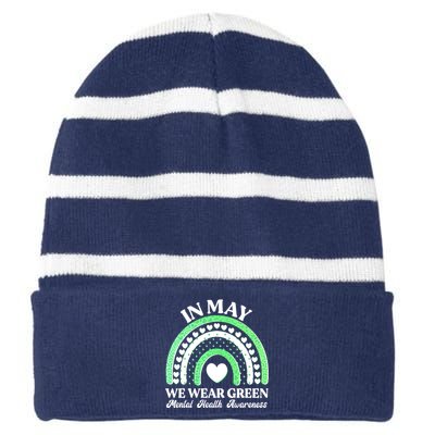 In May We Wear Green Mental Health Awareness Striped Beanie with Solid Band