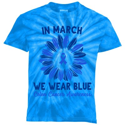 In March We Wear Blue For Colon Cancer Awareness Sunflower Funny Gift Kids Tie-Dye T-Shirt