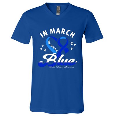 In March We Wear Blue Ribbon Colon Cancer Awareness Gift V-Neck T-Shirt