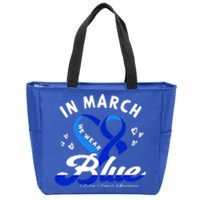 In March We Wear Blue Ribbon Colon Cancer Awareness Gift Zip Tote Bag