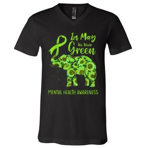 In May We Wear Green Mental Health Awareness Elephant Women V-Neck T-Shirt