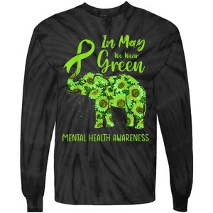 In May We Wear Green Mental Health Awareness Elephant Women Tie-Dye Long Sleeve Shirt