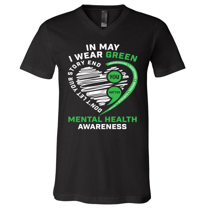 In May We Wear Green Semicolon Mental Health Awareness Month V-Neck T-Shirt