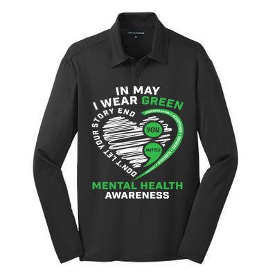 In May We Wear Green Semicolon Mental Health Awareness Month Silk Touch Performance Long Sleeve Polo