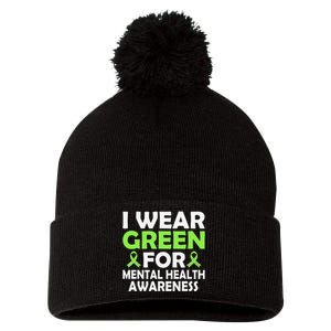 In May We Wear Green Mental Health Awareness Month Pom Pom 12in Knit Beanie