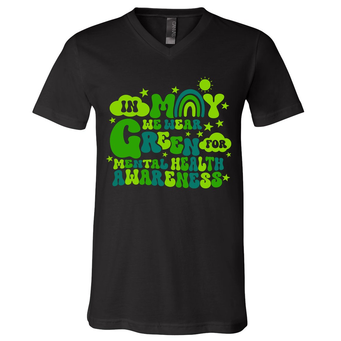 In May We Wear Green Retro Mental Health Awareness Month V-Neck T-Shirt