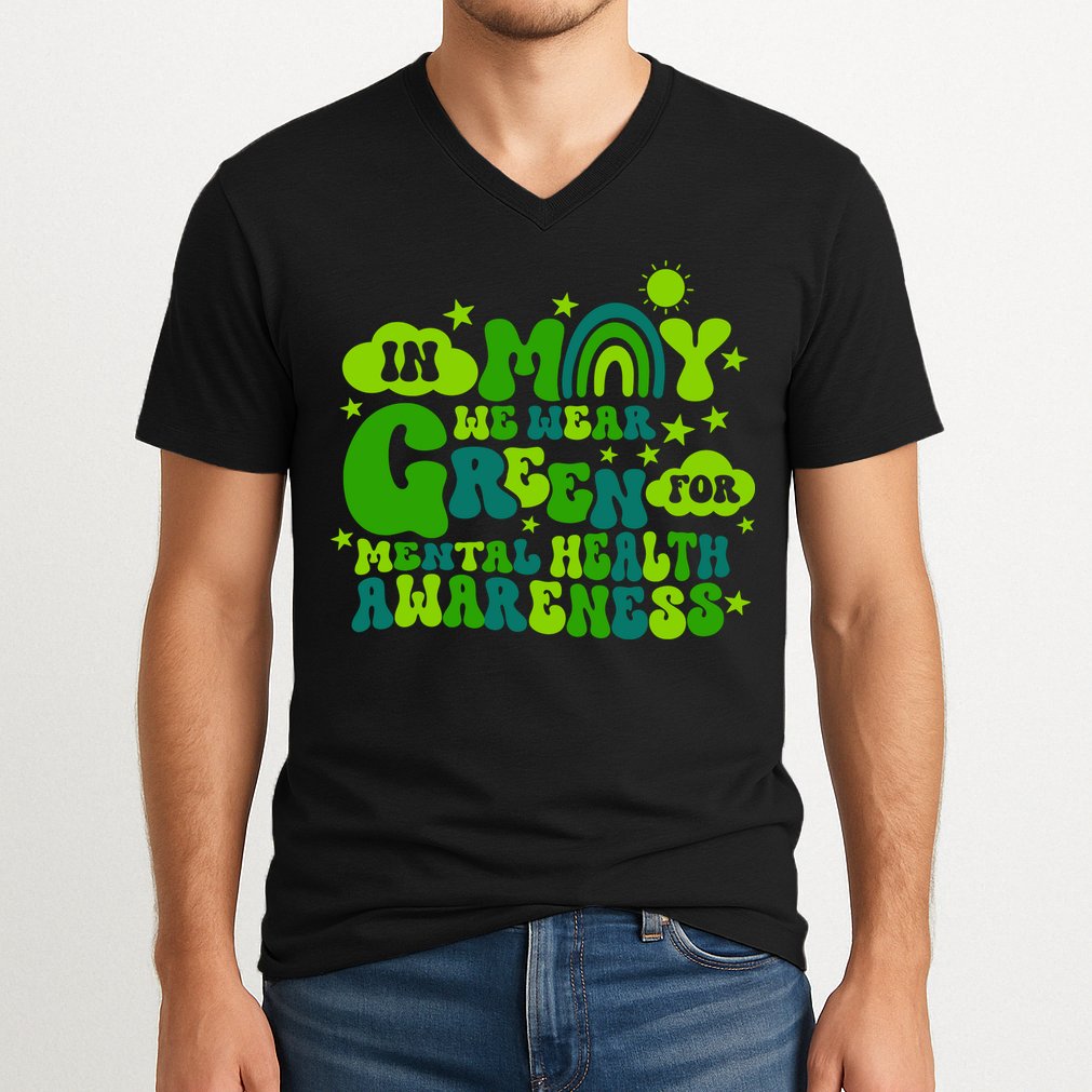 In May We Wear Green Retro Mental Health Awareness Month V-Neck T-Shirt