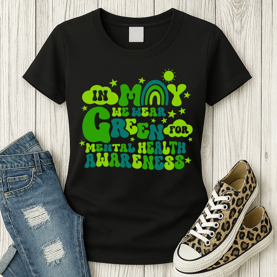 In May We Wear Green Retro Mental Health Awareness Month Womens T-Shirt