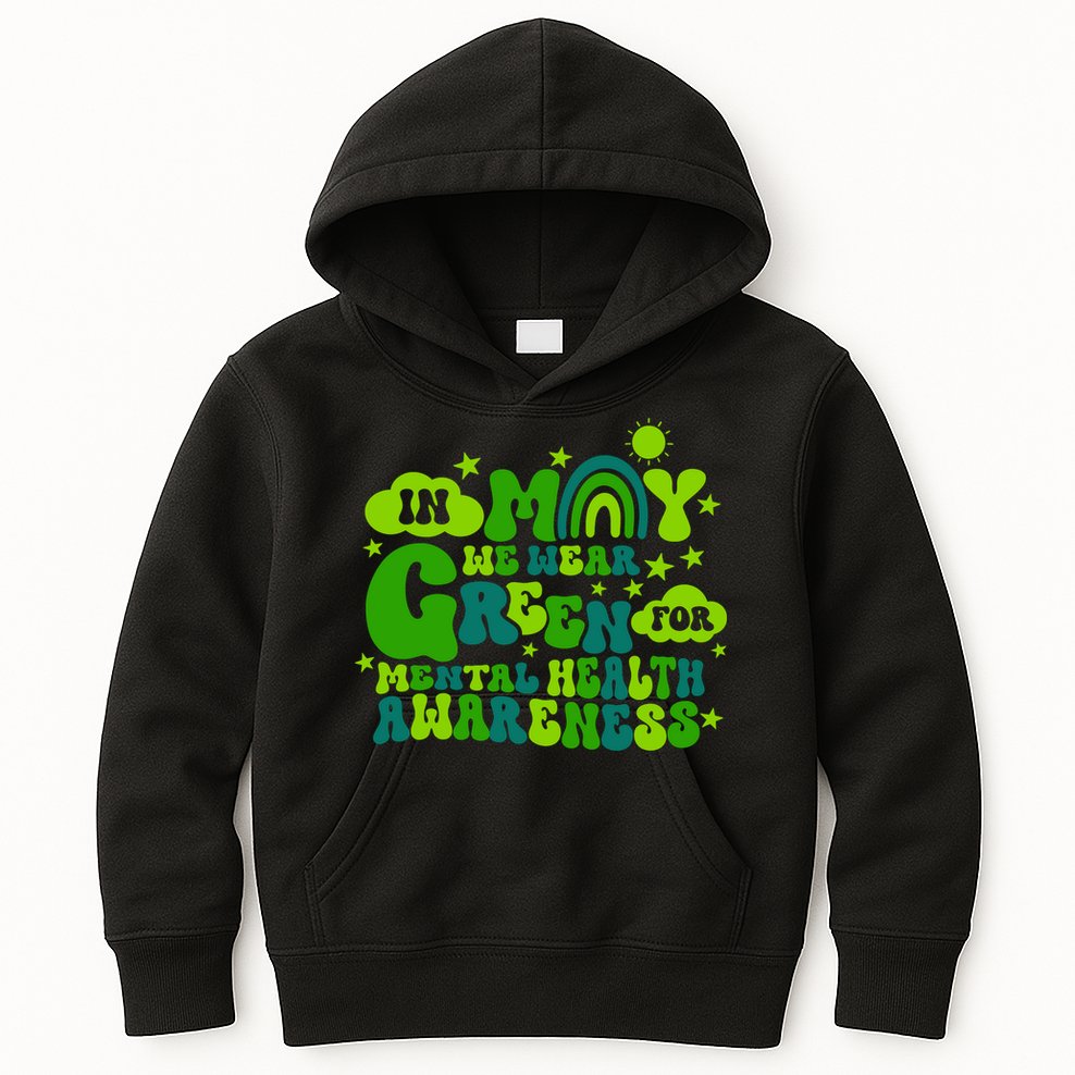 In May We Wear Green Retro Mental Health Awareness Month Kids Hoodie