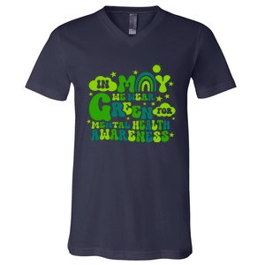 In May We Wear Green Retro Mental Health Awareness Month V-Neck T-Shirt