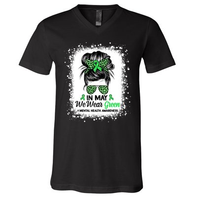 In May We Wear Green Mental Health Awareness Messy Bun V-Neck T-Shirt