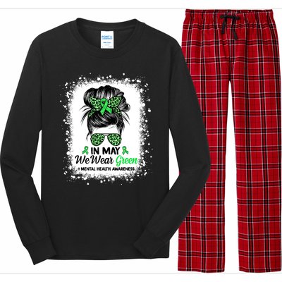 In May We Wear Green Mental Health Awareness Messy Bun Long Sleeve Pajama Set