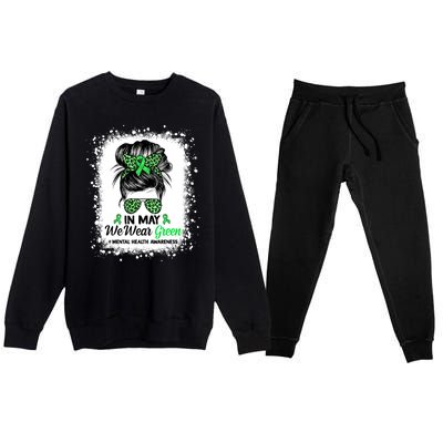 In May We Wear Green Mental Health Awareness Messy Bun Premium Crewneck Sweatsuit Set