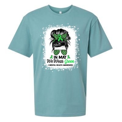 In May We Wear Green Mental Health Awareness Messy Bun Sueded Cloud Jersey T-Shirt