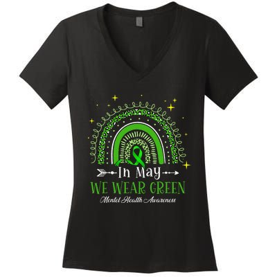 In May We Wear Green Rainbow Mental Health Awareness  Women's V-Neck T-Shirt