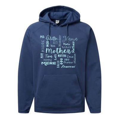 International Mom World Translations Multi Languages Blue Funny Gift Performance Fleece Hoodie