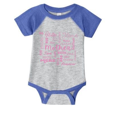 International Mom World Translations Multi Languages Pink Funny Gift Infant Baby Jersey Bodysuit