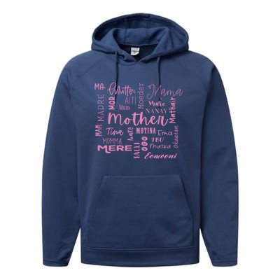 International Mom World Translations Multi Languages Pink Funny Gift Performance Fleece Hoodie