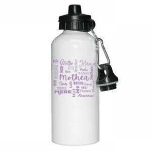 International Mom World Translations Multi Languages Purple Gift Aluminum Water Bottle