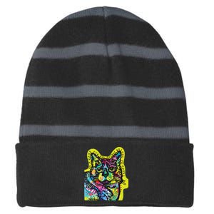 In A Cats Eye Colorful Striped Beanie with Solid Band