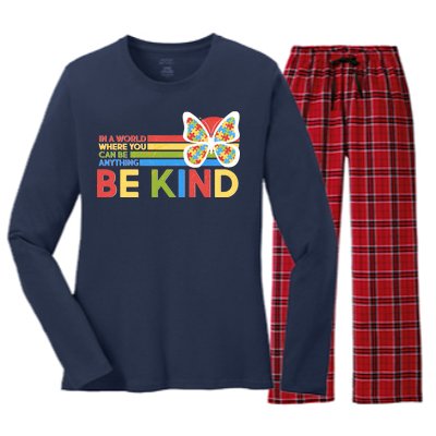 In A World Where You Can Be Anything Be Kind Autism Awareness Women's Long Sleeve Flannel Pajama Set 